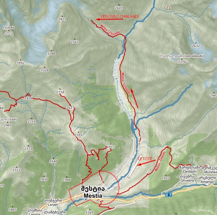 Mapa treku k ledovci Chalaadi